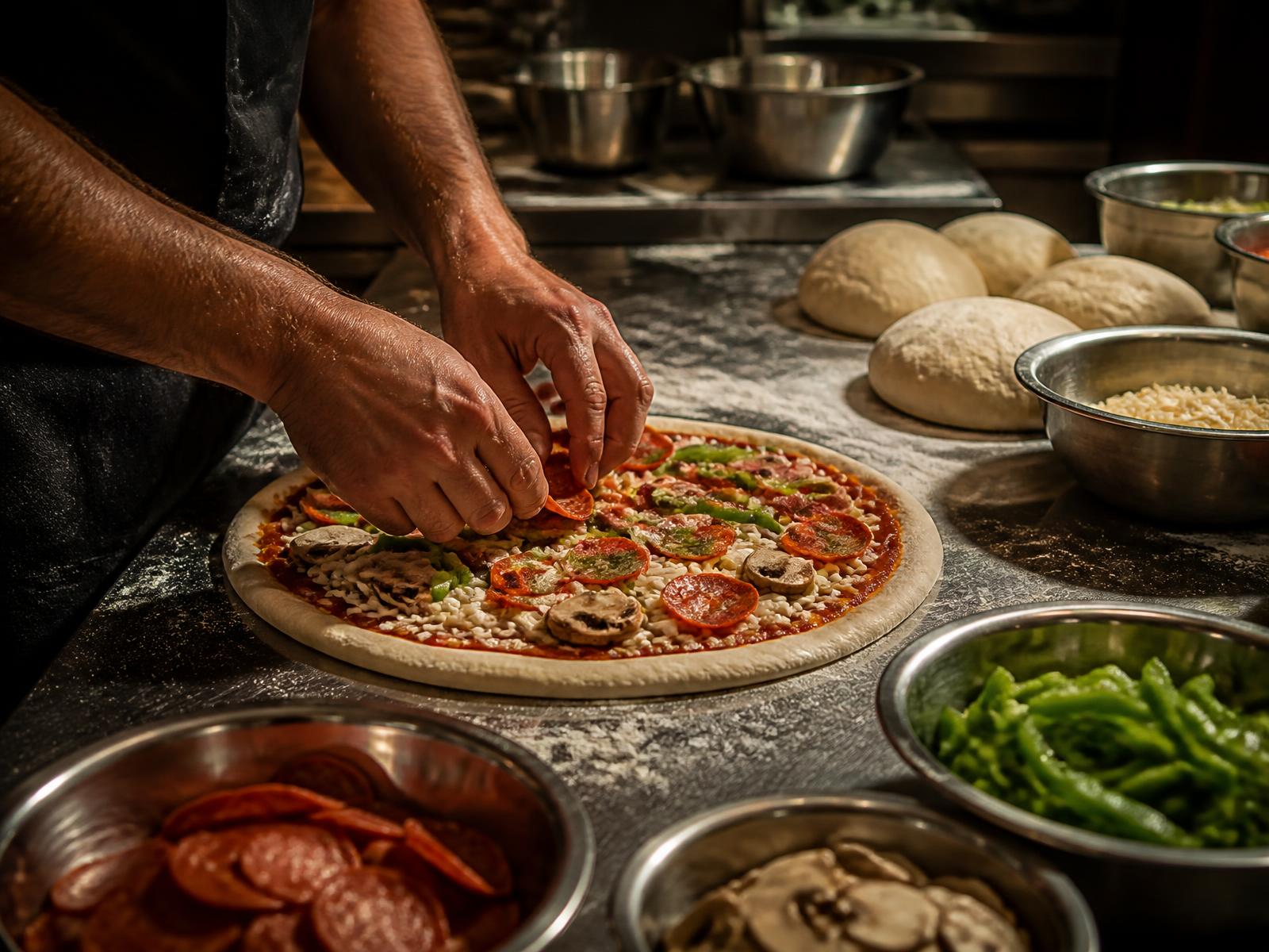 Pizzaïolo garnissant une pizza fraîche sur le comptoir de travail en inox, farine et bols d'ingrédients